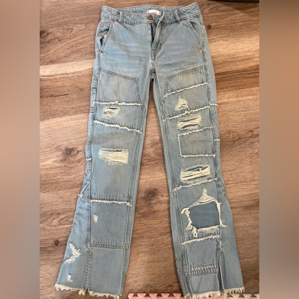 BDG low waist light blue patchwork flare jeans